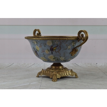 Niebieska Porcelanowa Patera - Porcelana + Brąz - Owocnik - Ptaki - Ozdoba