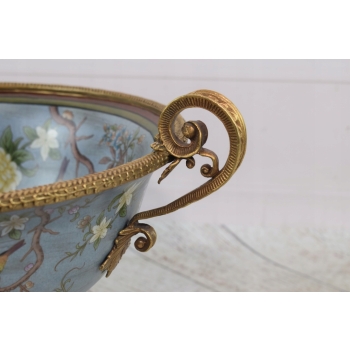 Niebieska Porcelanowa Patera - Porcelana + Brąz - Owocnik - Ptaki - Ozdoba