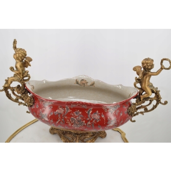 Ogromna Patera Pałacowa - Porcelana + Brąz - Czerwona - Anioły Amory Ozdoba