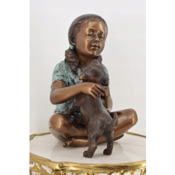 Mała Dziewczynka z Psem Pies - Figura Rzeźba z Brązu - Prezent Dom Ogród