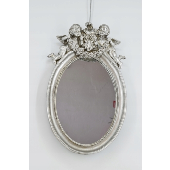 Srebrne Owalne Lustro Anioły - Amory - Kryształowe - Srebrna Rama - Ozdoba