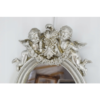 Srebrne Owalne Lustro Anioły - Amory - Kryształowe - Srebrna Rama - Ozdoba