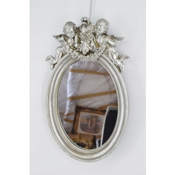 Srebrne Owalne Lustro Anioły - Amory - Kryształowe - Srebrna Rama - Ozdoba