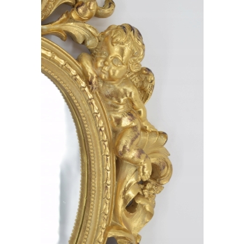 Złote Owalne Lustro Anioły - Amory - Kryształowe - Liście Kwiaty - Ozdoba