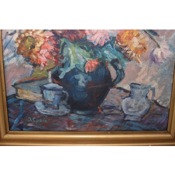 Jan Cybis - Martwa Natura - Kwiaty w Wazonie - Obraz Olejny - Złota Rama