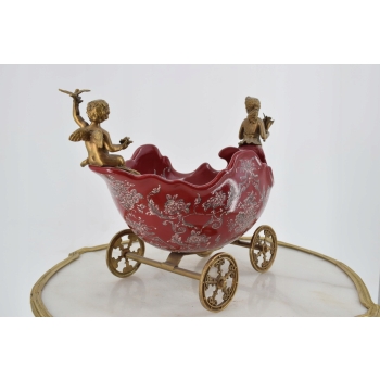 Porcelanowa Patera - Kareta Zaprzęg - Porcelana Czerwona Brąz Secesja Anioł