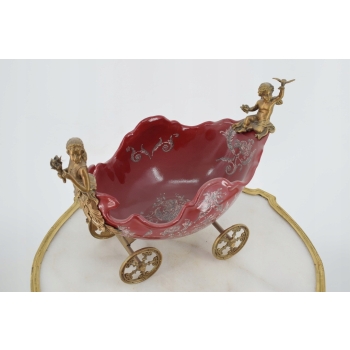 Porcelanowa Patera - Kareta Zaprzęg - Porcelana Czerwona Brąz Secesja Anioł