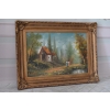 Dom Domek w Lesie - Jesienny Pejzaż - Obraz Olejny - Złota Rama 85x64 cm