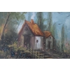 Dom Domek w Lesie - Jesienny Pejzaż - Obraz Olejny - Złota Rama 85x64 cm