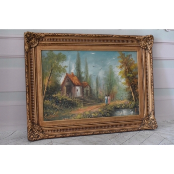 Dom Domek w Lesie - Jesienny Pejzaż - Obraz Olejny - Złota Rama 85x64 cm