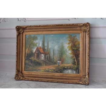Dom Domek w Lesie - Jesienny Pejzaż - Obraz Olejny - Złota Rama 85x64 cm