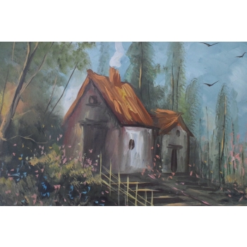 Dom Domek w Lesie - Jesienny Pejzaż - Obraz Olejny - Złota Rama 85x64 cm