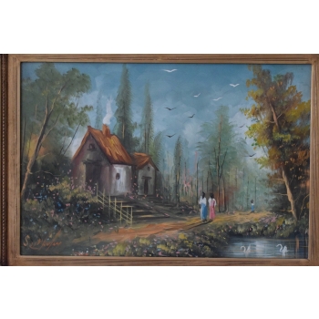 Dom Domek w Lesie - Jesienny Pejzaż - Obraz Olejny - Złota Rama 85x64 cm