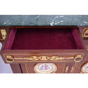 Pałacowa Komoda Ludwik XVI - Medalion Porcelanowy Blat Marmur Okuta Brązem