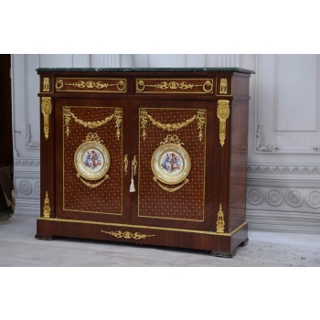 Pałacowa Komoda Ludwik XVI - Medalion Porcelanowy Blat Marmur Okuta Brązem