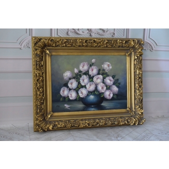 Bukiet Kwiatów - Kwiaty Obraz Olejny na Płótnie - 101x81cm Gruba Złota Rama