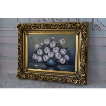 Bukiet Kwiatów - Kwiaty Obraz Olejny na Płótnie - 101x81cm Gruba Złota Rama