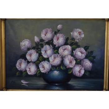 Bukiet Kwiatów - Kwiaty Obraz Olejny na Płótnie - 101x81cm Gruba Złota Rama