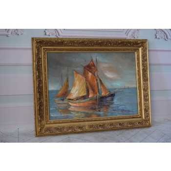 Statki na Morzu - Statek - Marynistyka - Kubizm Obraz Olejny - Złota Rama