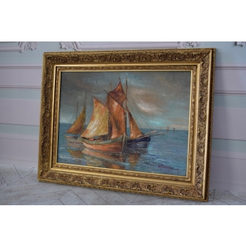 Statki na Morzu - Statek - Marynistyka - Kubizm Obraz Olejny - Złota Rama