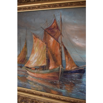 Statki na Morzu - Statek - Marynistyka - Kubizm Obraz Olejny - Złota Rama