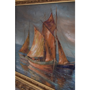 Statki na Morzu - Statek - Marynistyka - Kubizm Obraz Olejny - Złota Rama