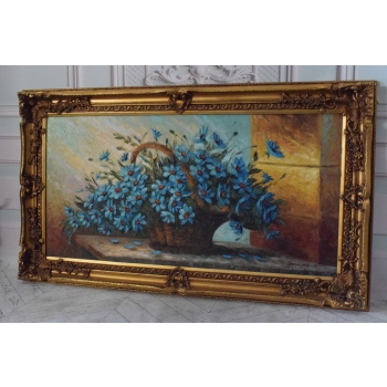 Bukiet Kwiatów - Kwiaty Obraz Olejny na Płótnie - 141x81cm Gruba Złota Rama