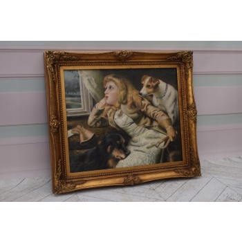 Portret Dziewczynki z PIESKAMI - PIES - Obraz Olejny - Złota Rama