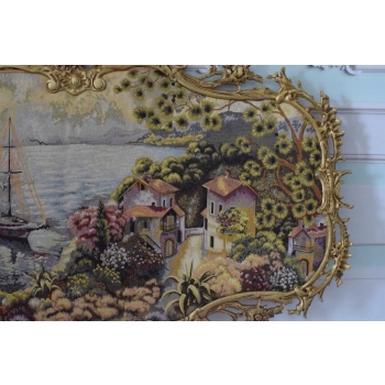 Wielki Obraz Tkanina - GOBELIN - Pejzaż Francuski RAMA Z BRĄZU 127CM