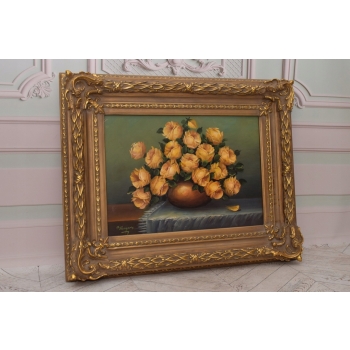 Bukiet Kwiatów - Kwiaty Obraz Olejny na Płótnie - 101x81cm Gruba Złota Rama