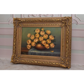Bukiet Kwiatów - Kwiaty Obraz Olejny na Płótnie - 101x81cm Gruba Złota Rama