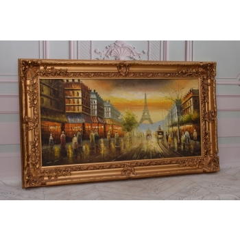 Francja Paryż - Obraz Olejny na Płótnie - 146x86cm Gruba Złota Rama