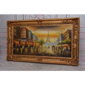 Francja Paryż - Obraz Olejny na Płótnie - 146x86cm Gruba Złota Rama