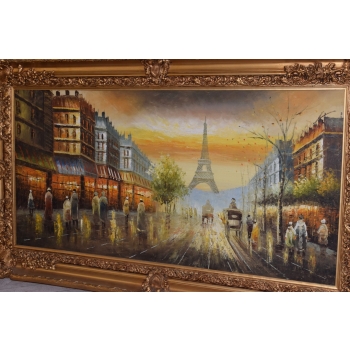 Francja Paryż - Obraz Olejny na Płótnie - 146x86cm Gruba Złota Rama