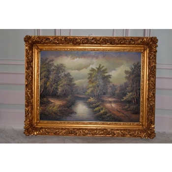 Wiejski Pejzaż Las Rzeja - Obraz na Płótnie - 130x100cm Gruba Złota Rama