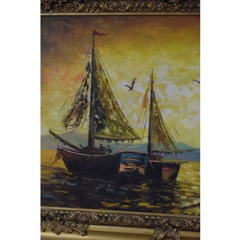 Statki na Morzu Marynistyka - Obraz na Płótnie - 116x88cm Gruba Złota Rama