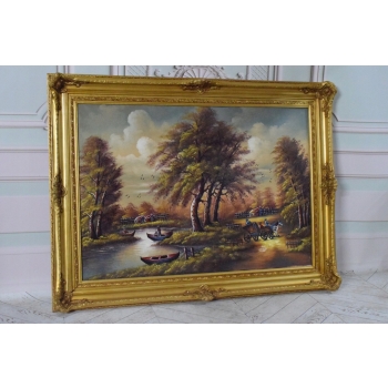 Wiejski Pejzaż Las Rzeka - Obraz na Płótnie - 122x92cm Gruba Złota Rama