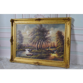 Wiejski Pejzaż Las Rzeka - Obraz na Płótnie - 122x92cm Gruba Złota Rama