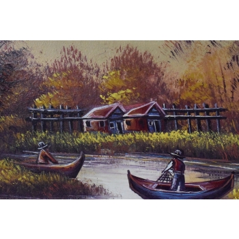 Wiejski Pejzaż Las Rzeka - Obraz na Płótnie - 122x92cm Gruba Złota Rama