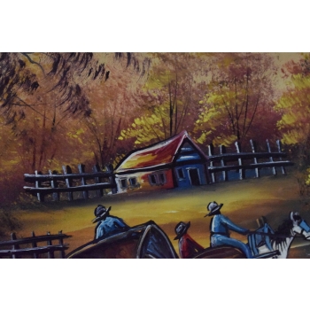 Wiejski Pejzaż Las Rzeka - Obraz na Płótnie - 122x92cm Gruba Złota Rama