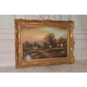 Francuski Wiejski Pejzaż - Obraz na Płótnie - 115x86cm Gruba Złota Rama