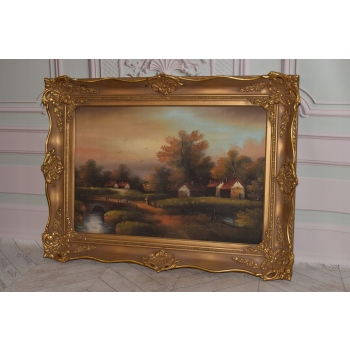 Francuski Wiejski Pejzaż - Obraz na Płótnie - 115x86cm Gruba Złota Rama