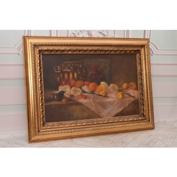 Martwa Natura Wino na Stole - Obraz na Płótnie - 115x85cm Gruba Złota Rama