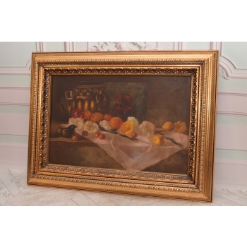 Martwa Natura Wino na Stole - Obraz na Płótnie - 115x85cm Gruba Złota Rama