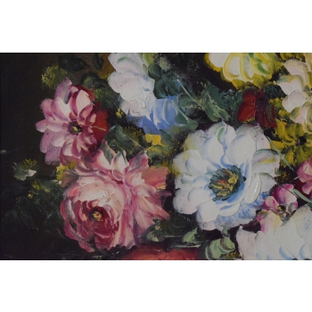 Kwiaty Róże na Stole - Obraz na Materiale - 116x88cm Gruba Złota Rama