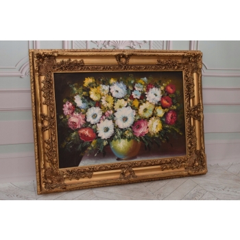 Kwiaty Róże na Stole - Obraz na Materiale - 116x88cm Gruba Złota Rama