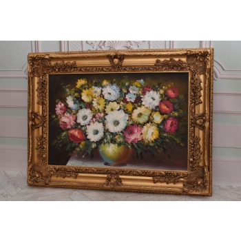 Kwiaty Róże na Stole - Obraz na Materiale - 116x88cm Gruba Złota Rama
