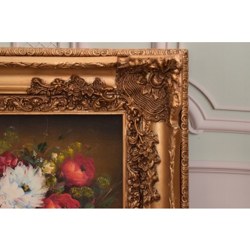 Kwiaty Róże na Stole - Obraz na Materiale - 116x88cm Gruba Złota Rama