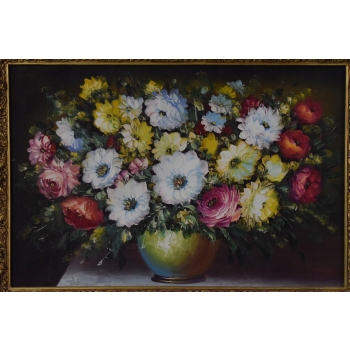 Kwiaty Róże na Stole - Obraz na Materiale - 116x88cm Gruba Złota Rama