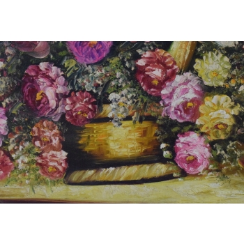 Kwiaty Róże na Stole - Obraz na Materiale - 115x85cm Gruba Złota Rama